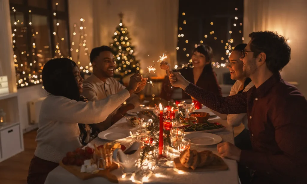 Christmas culture around world - a family group sat around eating Christmas dinner